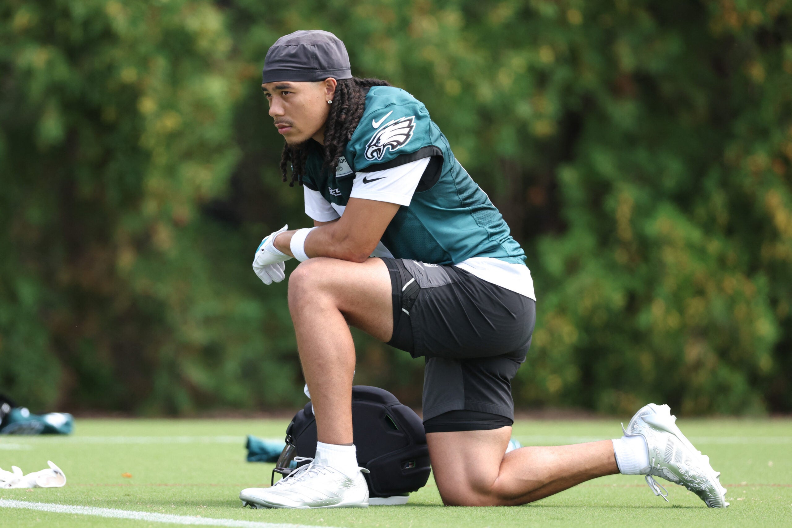 Jul 30, 2026; Philadelphia, PA, USA; Philadelphia Eagles wide receiver Makai Lemon (9) looks on during training camp at Jefferson Health Training Complex.