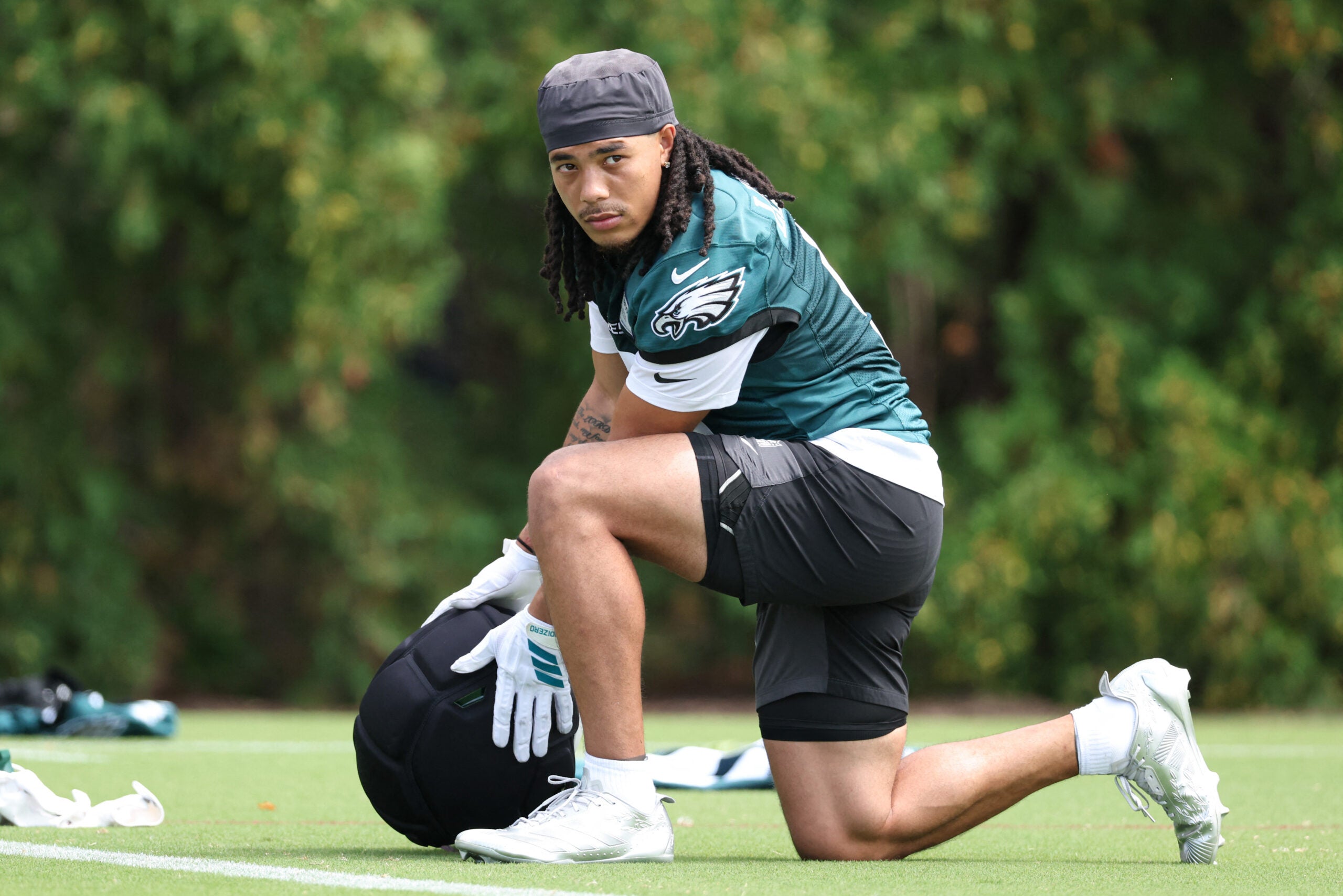 Jul 30, 2026; Philadelphia, PA, USA; Philadelphia Eagles wide receiver Makai Lemon (9) looks on during training camp at Jefferson Health Training Complex.