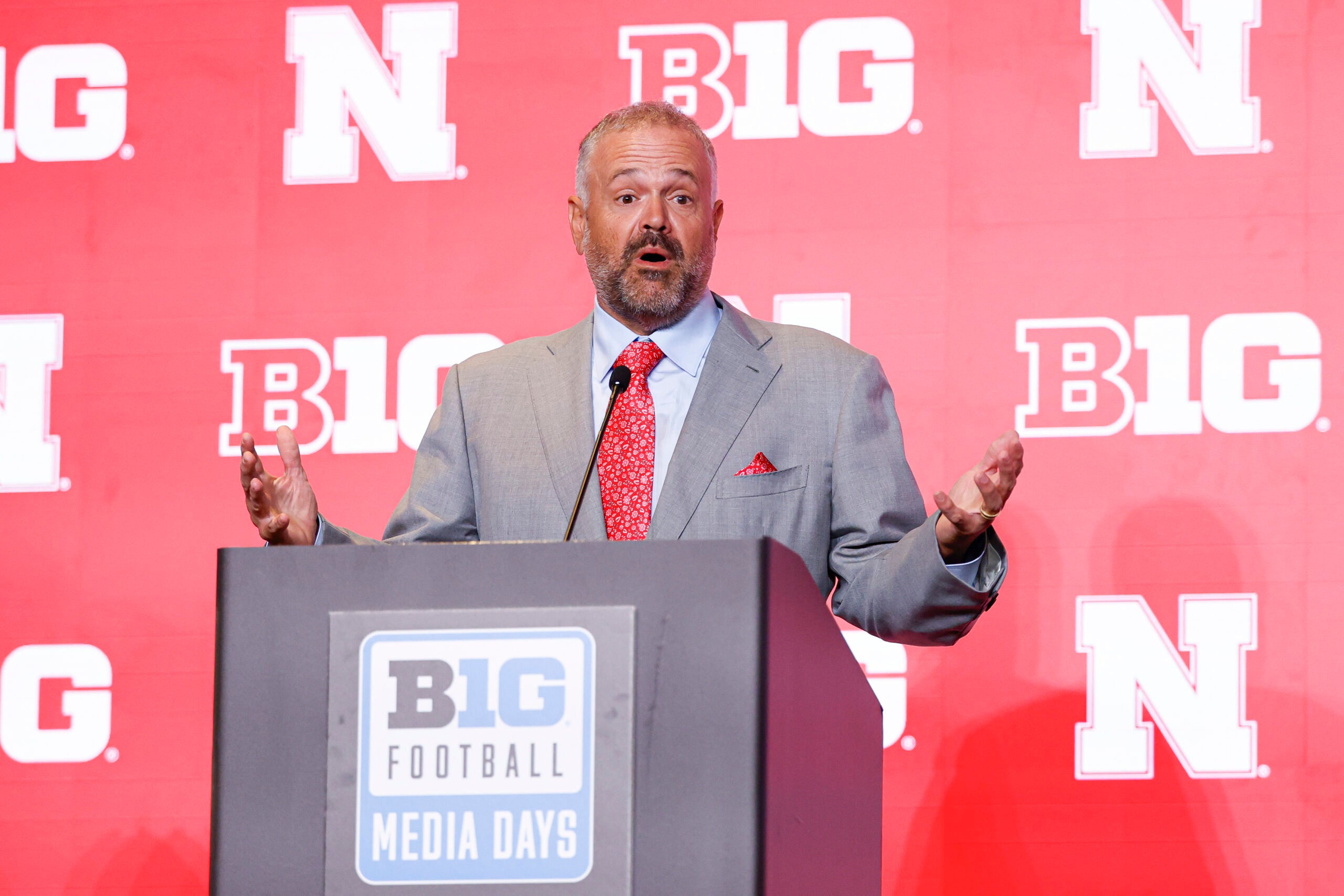 Jul 30, 2026; Chicago, IL, USA; Nebraska Football head coach Matt Rhule speaks during Big Ten Media Days at Hilton Chicago.