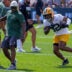 Green Bay Packers running back MarShawn Lloyd (32) runs through a drill during the second day of training camp Thursday, July 30, 2026, at the Don Hutson Center in Ashwaubenon, Wisconsin.