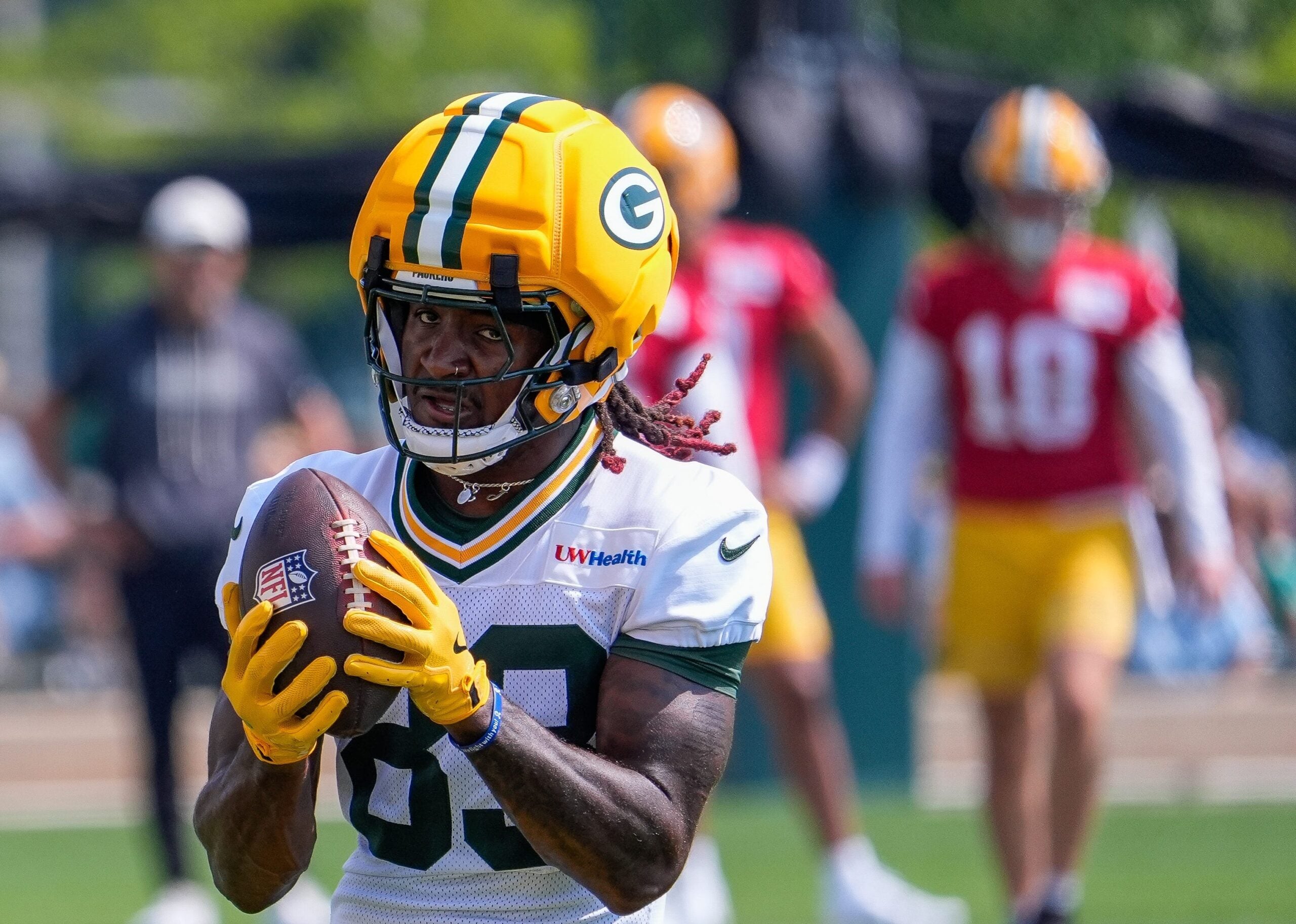 Green Bay Packers wide recevier Savion Williams (83) catches a pass during the second day of training camp Thursday, July 30, 2026, at the Don Hutson Center in Ashwaubenon, Wisconsin.