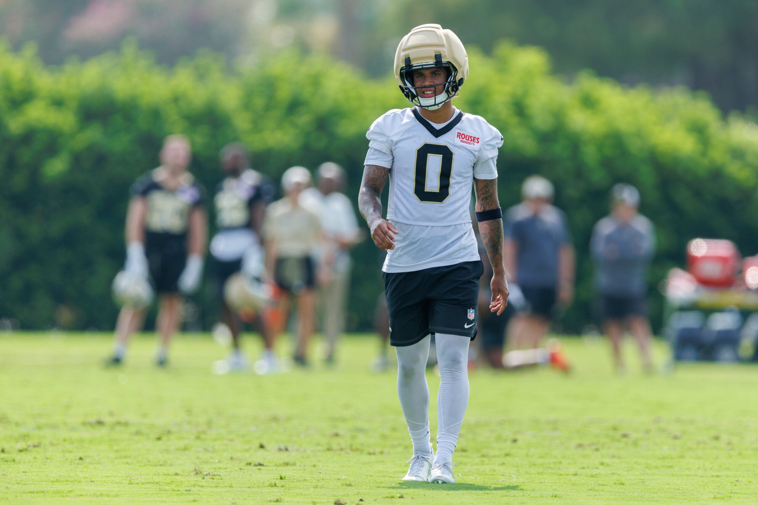 Jul 30, 2026; Metairie, LA, USA; New Orleans Saints wide receiver Jordyn Tyson (0) looks on during training camp at Ochsner Sports Performance Center.