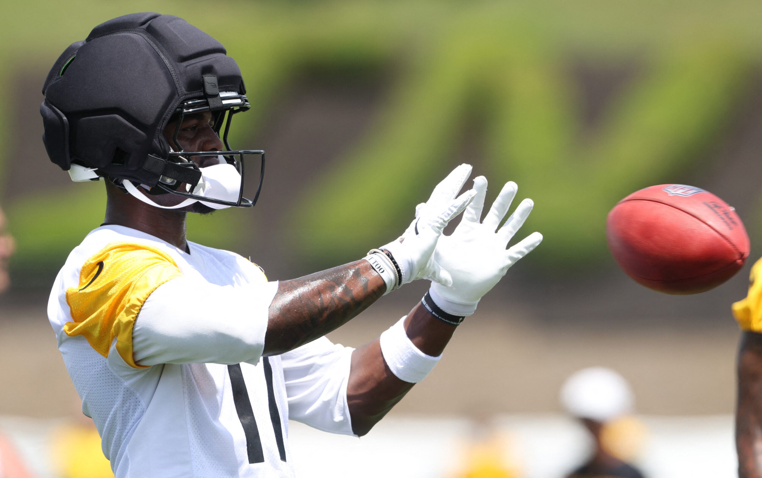 Jul 30, 2026; Latrobe, PA, USA; Pittsburgh Steelers wide receiver Germie Bernard. (17) participates in training camp drills at Saint Vincent College.