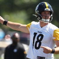 Jul 30, 2026; Latrobe, PA, USA; Pittsburgh Steelers quarterback Will Howard (18) participates in training camp drills at Saint Vincent College.