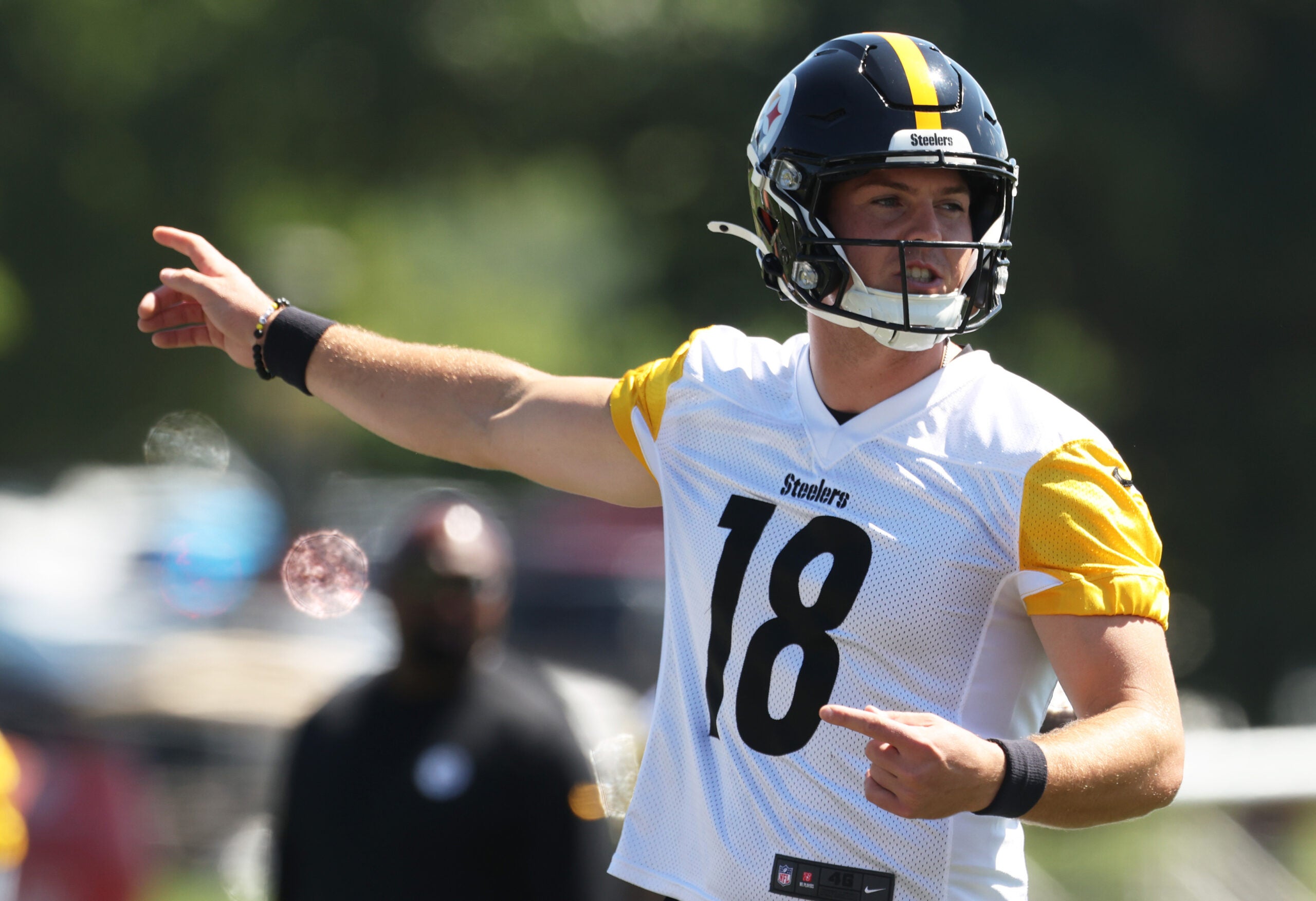 Jul 30, 2026; Latrobe, PA, USA; Pittsburgh Steelers quarterback Will Howard (18) participates in training camp drills at Saint Vincent College.