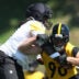 Jul 30, 2026; Latrobe, PA, USA; Pittsburgh Steelers linebacker T.J. Watt (90) works against offensive tackle Max Iheanachor (left) during training camp drills at Saint Vincent College.