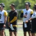 Jul 30, 2026; Latrobe, PA, USA; Pittsburgh Steelers quarterback Will Howard (18) and quarterback Mason Rudolph (2) participate in training camp drills at Saint Vincent College.