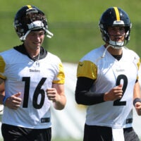 Jul 30, 2026; Latrobe, PA, USA; Pittsburgh Steelers quarterbacks Drew Allar (16) and Mason Rudolph (2) participate in training camp drills at Saint Vincent College.