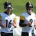Jul 30, 2026; Latrobe, PA, USA; Pittsburgh Steelers quarterbacks Drew Allar (16) and Mason Rudolph (2) participate in training camp drills at Saint Vincent College.