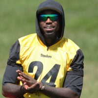 Jul 30, 2026; Latrobe, PA, USA; Pittsburgh Steelers cornerback Joey Porter Jr. (24) observes training camp drills at Saint Vincent College.