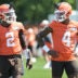 Jul 30, 2026; Berea, OH, USA; Cleveland Browns quarterback Shedeur Sanders (2) and quarterback Deshaun Watson (4) talk during training camp at CrossCountry Mortgage Campus.