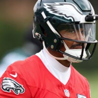 Jul 30, 2026; Philadelphia, PA, USA; Philadelphia Eagles quarterback Jalen Hurts (1) looks on during training camp at Jefferson Health Training Complex.