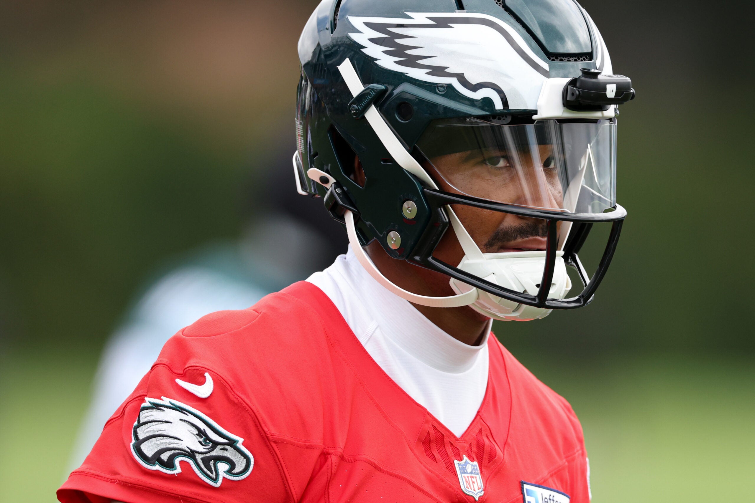 Jul 30, 2026; Philadelphia, PA, USA; Philadelphia Eagles quarterback Jalen Hurts (1) looks on during training camp at Jefferson Health Training Complex.