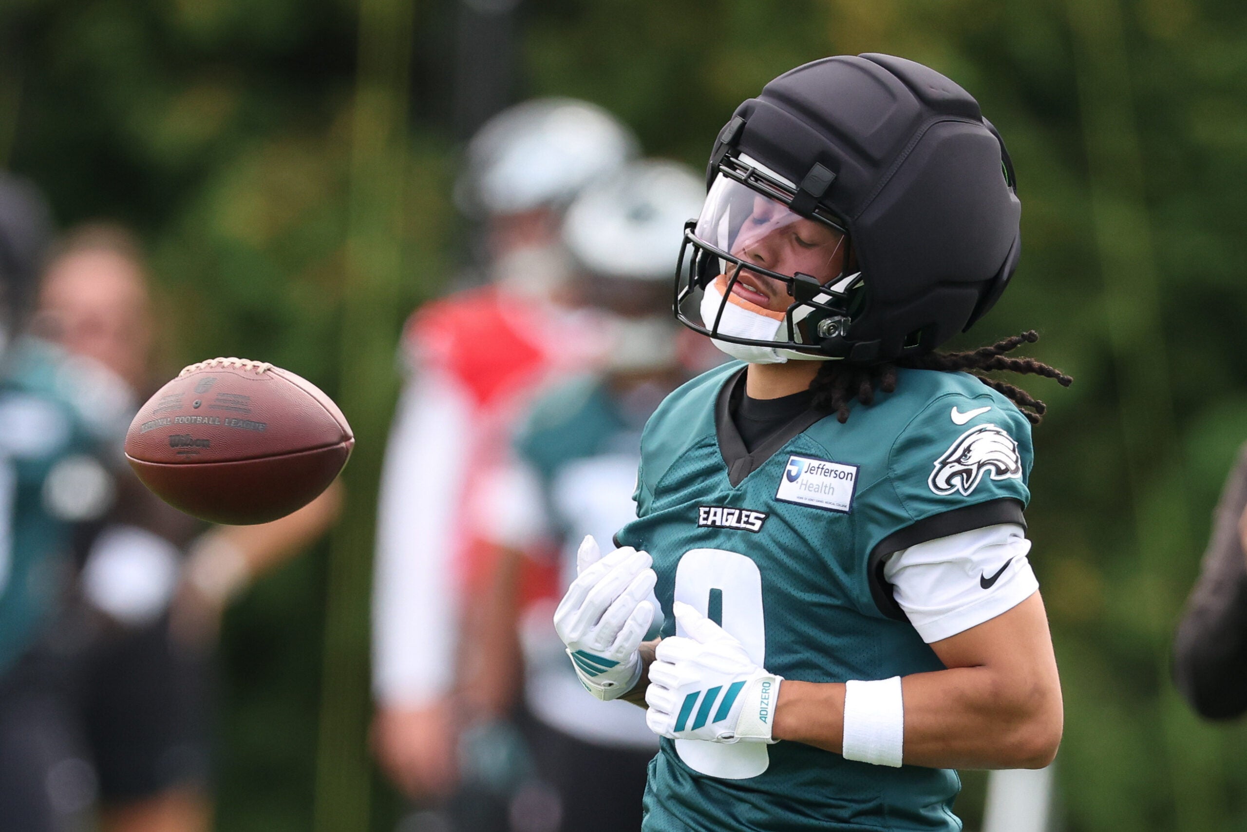Jul 30, 2026; Philadelphia, PA, USA; Philadelphia Eagles wide receiver Makai Lemon (9) during training camp at Jefferson Health Training Complex.