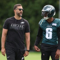Jul 30, 2026; Philadelphia, PA, USA; Philadelphia Eagles head coach Nick Sirianni talks with wide receiver DeVonta Smith (6) during training camp at Jefferson Health Training Complex.