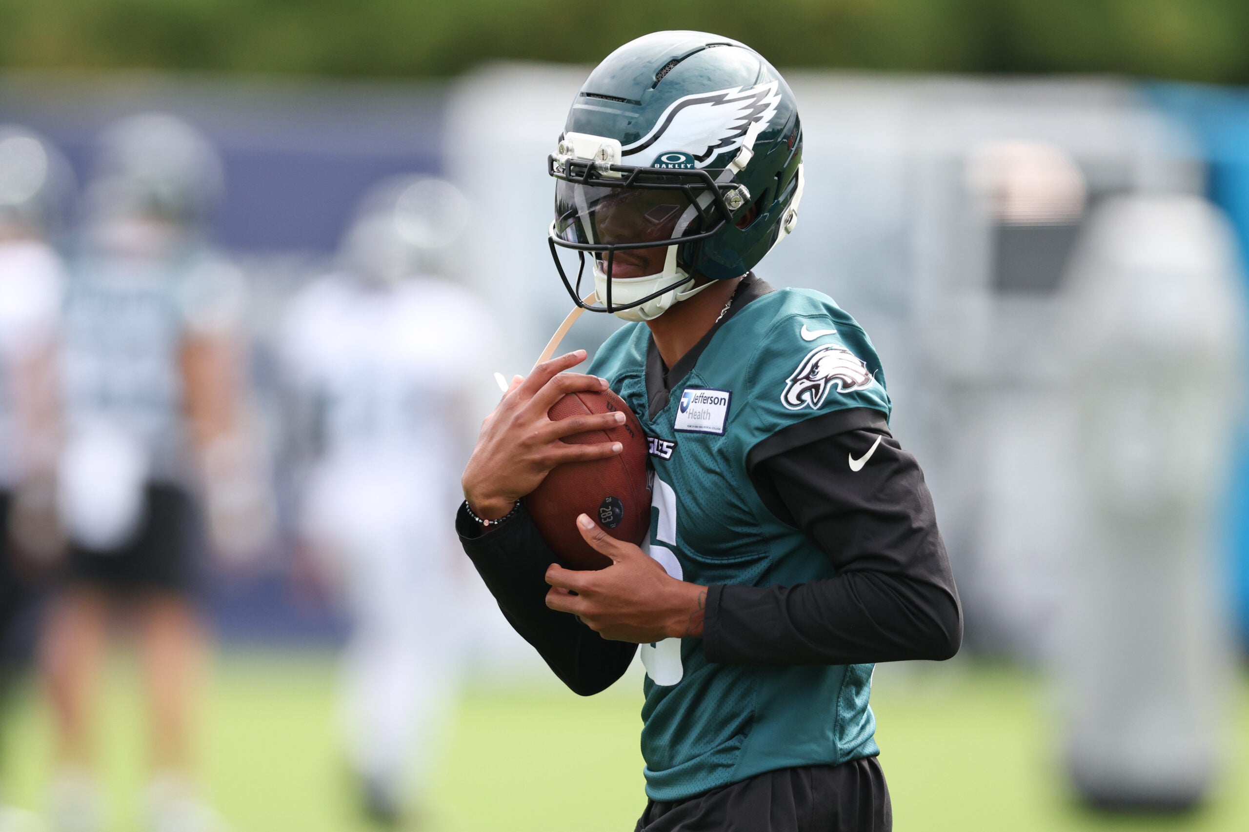 Jul 30, 2026; Philadelphia, PA, USA; Philadelphia Eagles wide receiver DeVonta Smith (6) during training camp at Jefferson Health Training Complex.
