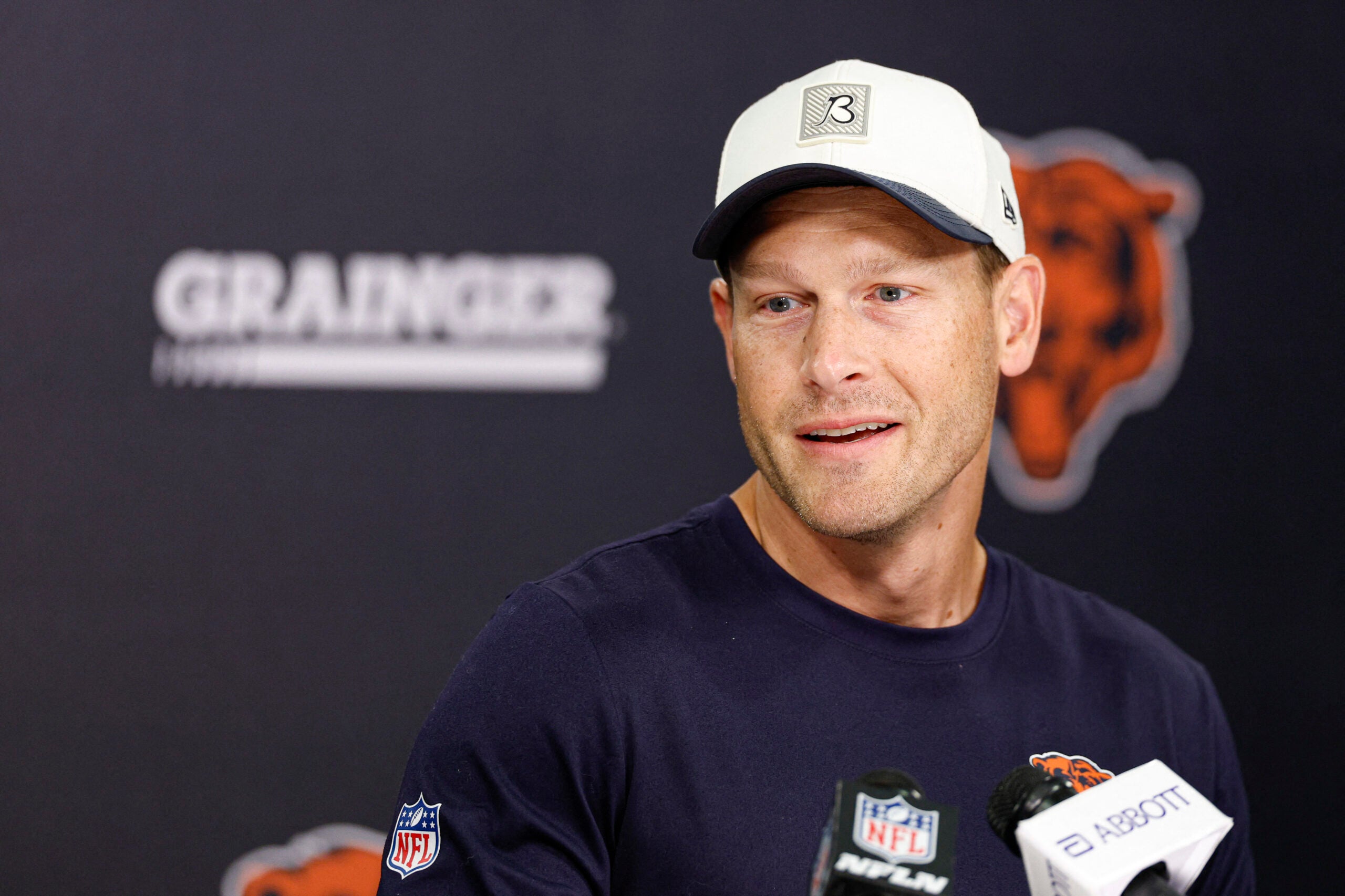Jul 31, 2026; Lake Forest, IL, USA; Chicago Bears head coach Ben Johnson speaks during Training Camp at Halas Hall.