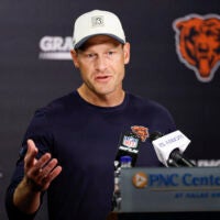 Jul 31, 2026; Lake Forest, IL, USA; Chicago Bears head coach Ben Johnson speaks during Training Camp at Halas Hall.
