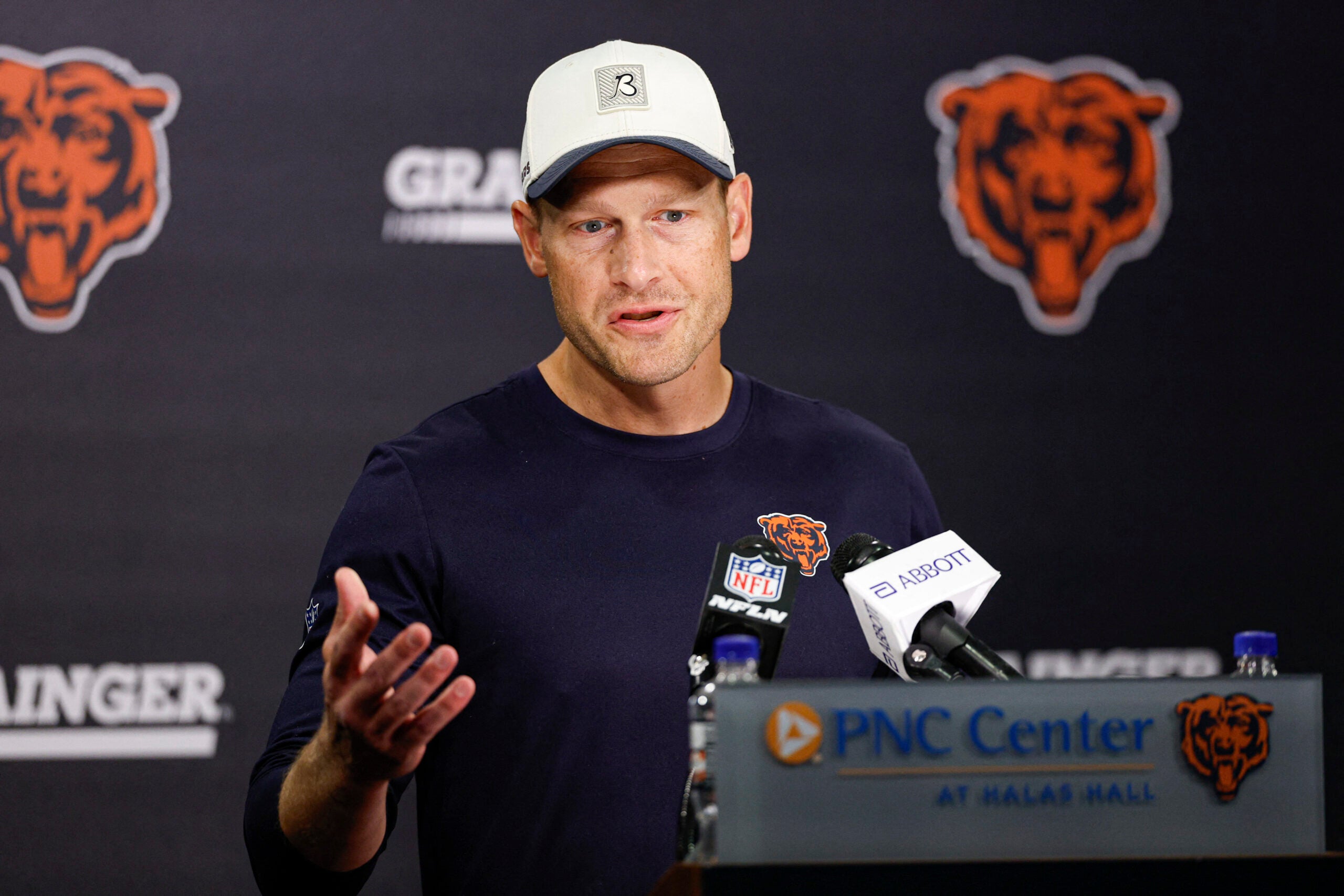 Jul 31, 2026; Lake Forest, IL, USA; Chicago Bears head coach Ben Johnson speaks during Training Camp at Halas Hall.