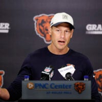 Jul 31, 2026; Lake Forest, IL, USA; Chicago Bears head coach Ben Johnson speaks during Training Camp at Halas Hall.