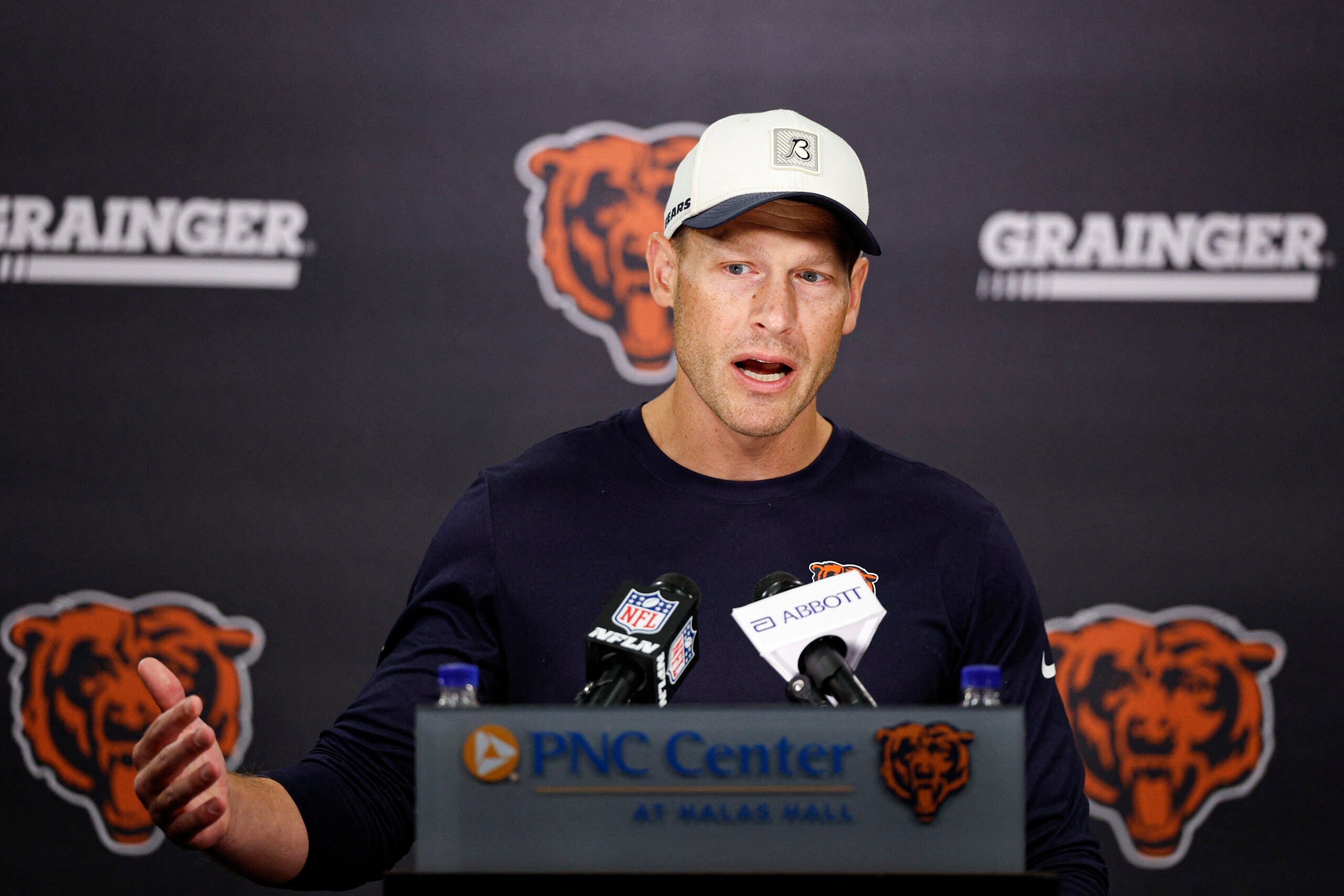 Jul 31, 2026; Lake Forest, IL, USA; Chicago Bears head coach Ben Johnson speaks during Training Camp at Halas Hall.