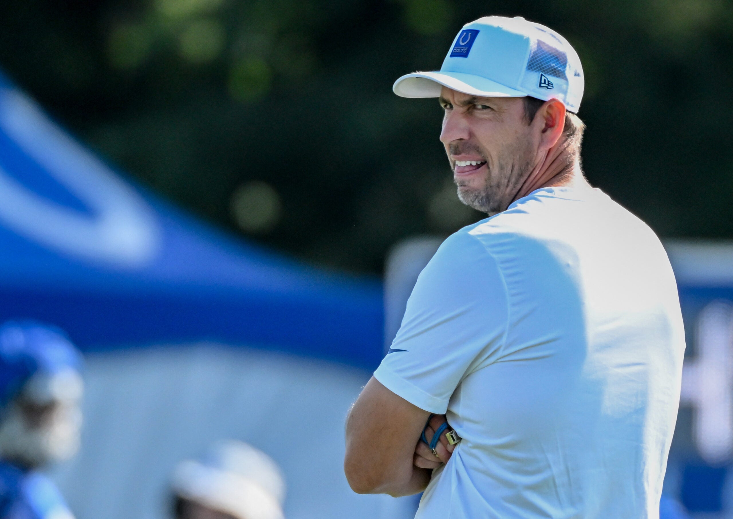 Jul 31, 2026; Westfield, IN, USA; Indianapolis Colts head coach Shane Steichen is seen on day three of training camp at Grand Park Sports Campus.