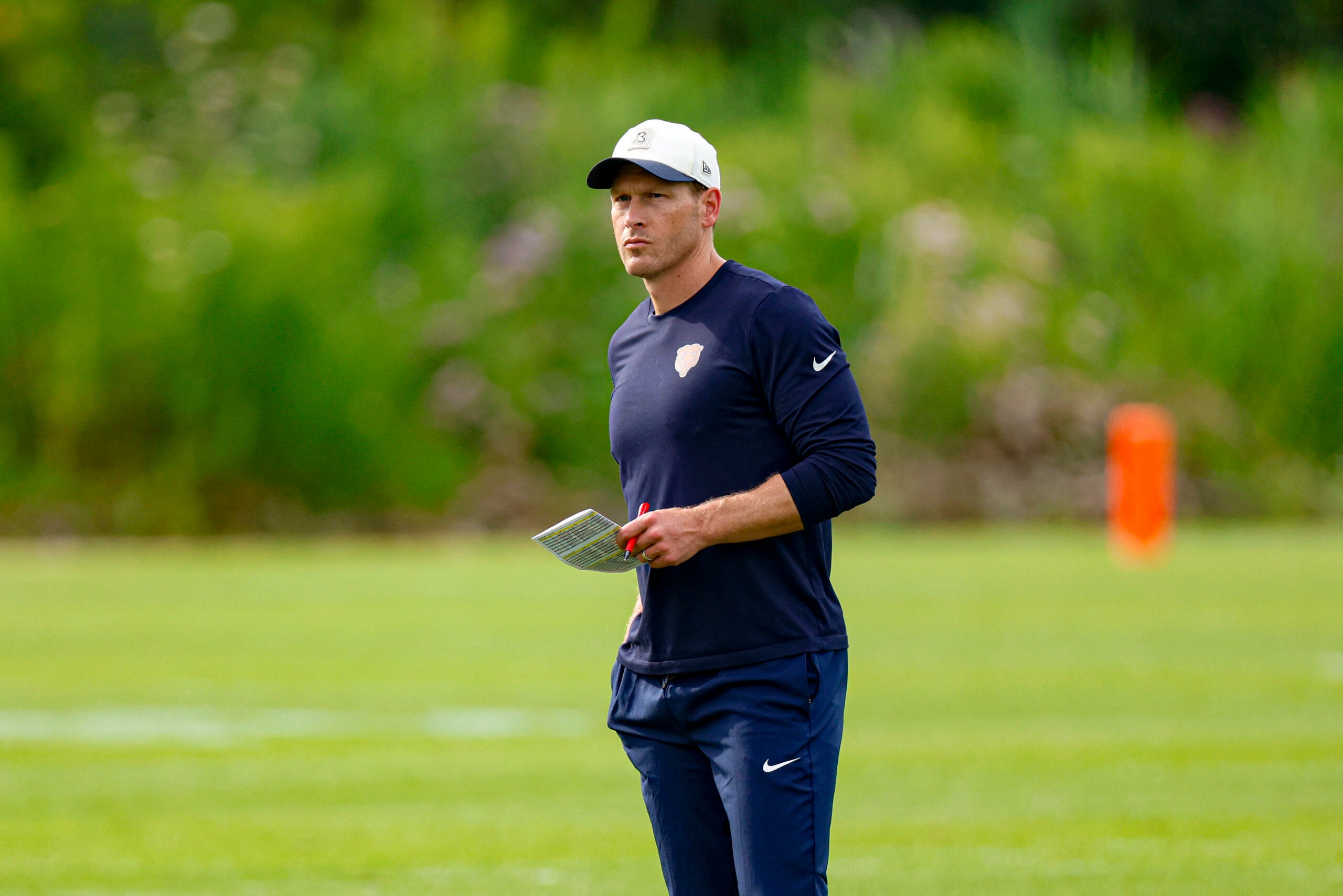 Jul 31, 2026; Lake Forest, IL, USA; Chicago Bears head coach Ben Johnson looks on during Training Camp at Halas Hall.