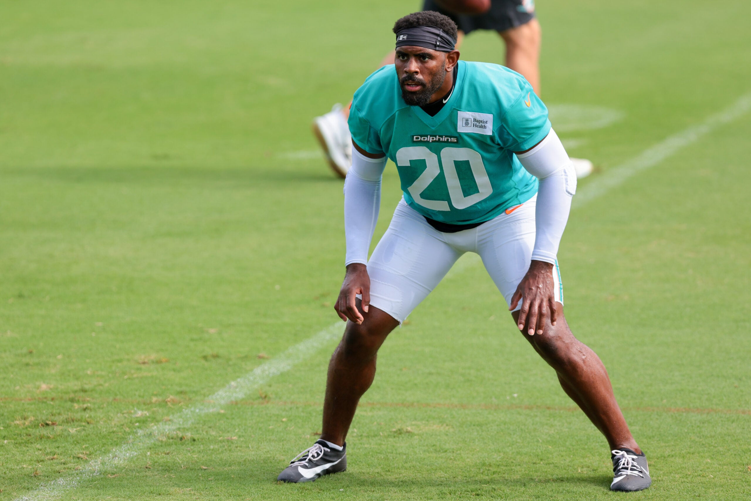 Jul 31, 2026; Miami Gardens, FL, USA; Miami Dolphins linebacker Jordyn Brooks (20) works during practice at Baptist Health Training Complex.