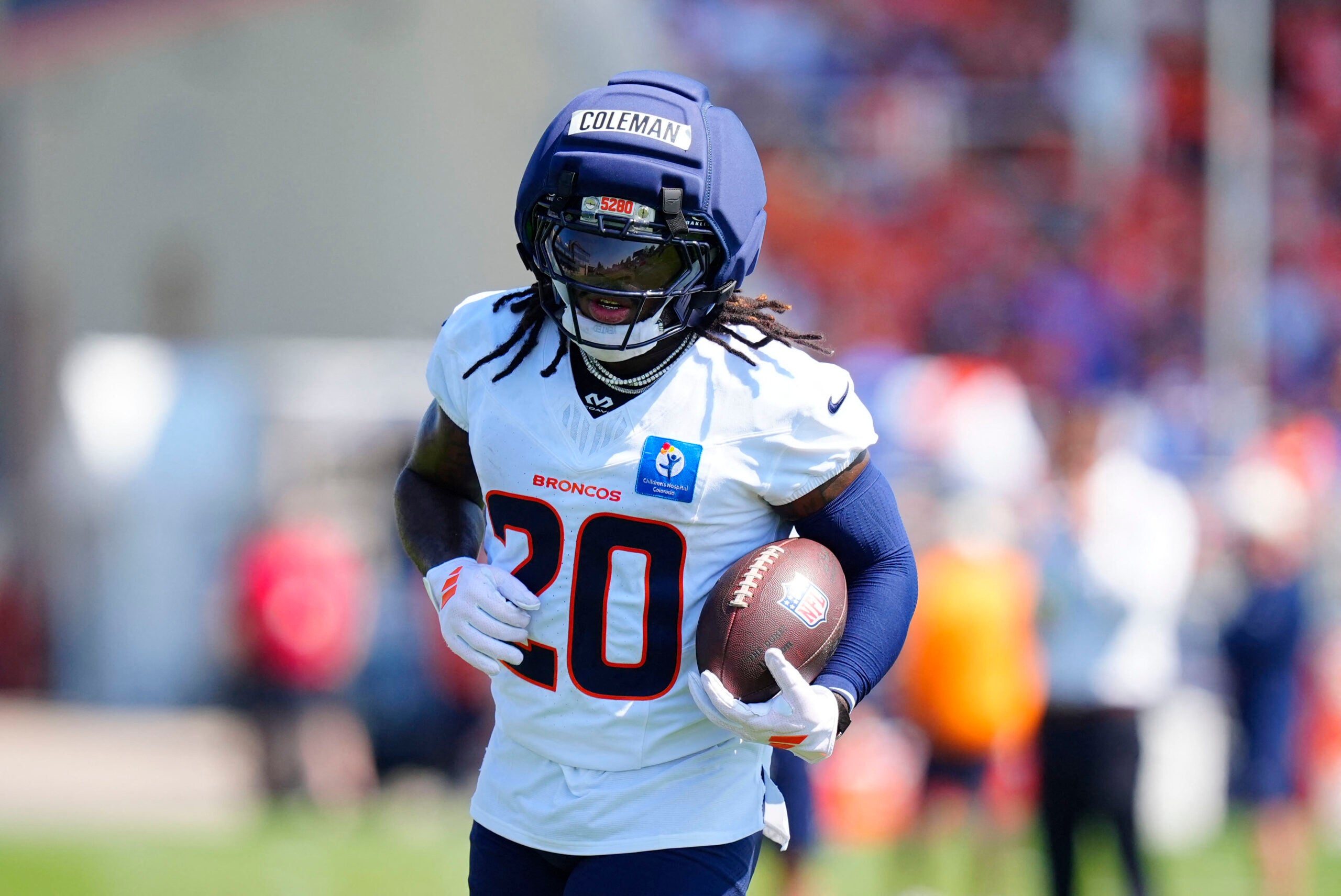 Jul 31, 2026; Englewood, CO, USA; Denver Broncos running back Jonah Coleman (20) during training camp at Broncos Park.
