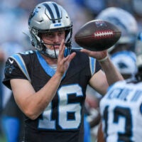 Jul 31, 2026; Charlotte, NC, USA; Carolina Panthers quarterback Haynes King (16) catches a ball during Fanfest at Bank of America Stadium.