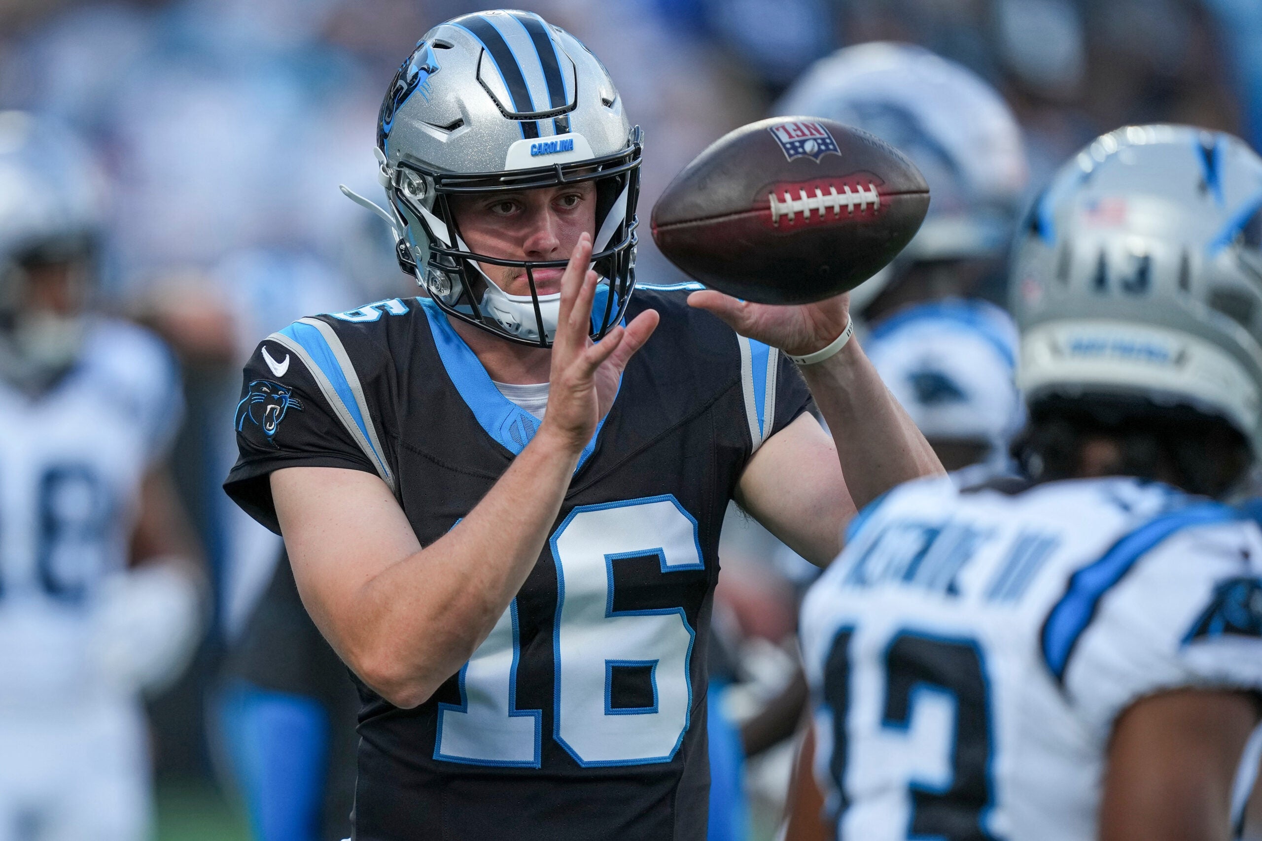 Jul 31, 2026; Charlotte, NC, USA; Carolina Panthers quarterback Haynes King (16) catches a ball during Fanfest at Bank of America Stadium.