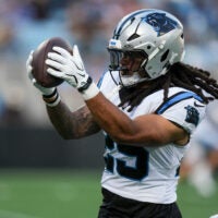 Jul 31, 2026; Charlotte, NC, USA; Carolina Panthers running back Jonathon Brooks (25) catches the ball during Fanfest at Bank of America Stadium.