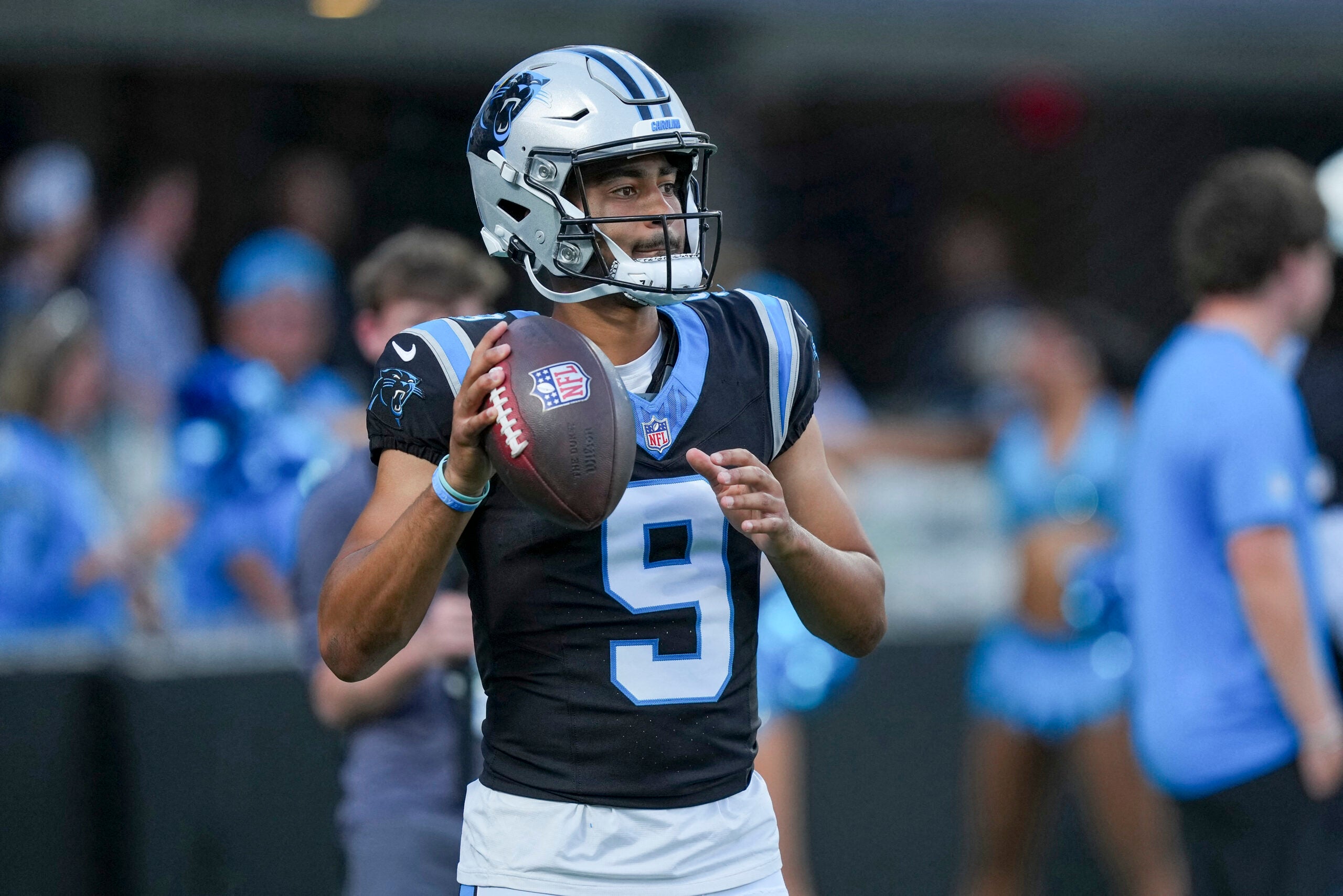 Jul 31, 2026; Charlotte, NC, USA; Carolina Panthers quarterback Bryce Young (9) throws during Fanfest at Bank of America Stadium.