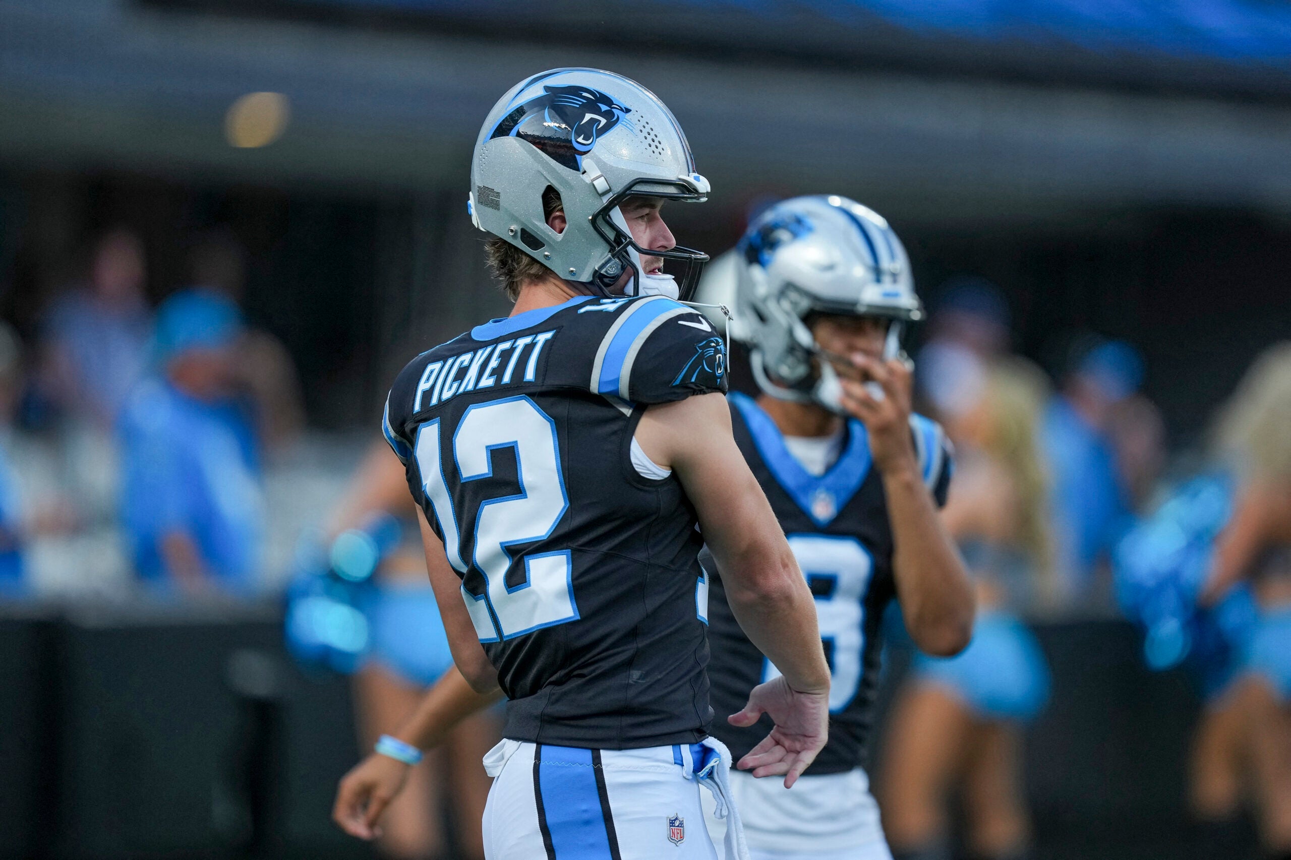 Jul 31, 2026; Charlotte, NC, USA; Carolina Panthers quarterback Kenny Pickett throws with Carolina Panthers quarterback Haynes King (16) during Fanfest at Bank of America Stadium.