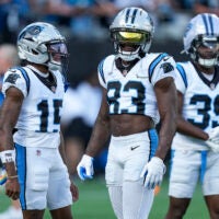 Jul 31, 2026; Charlotte, NC, USA; Carolina Panthers wide receiver Jimmy Horn Jr. (15) and wide receiver David Moore (83) chat during Fanfest at Bank of America Stadium.