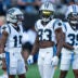 Jul 31, 2026; Charlotte, NC, USA; Carolina Panthers wide receiver Jimmy Horn Jr. (15) and wide receiver David Moore (83) chat during Fanfest at Bank of America Stadium.