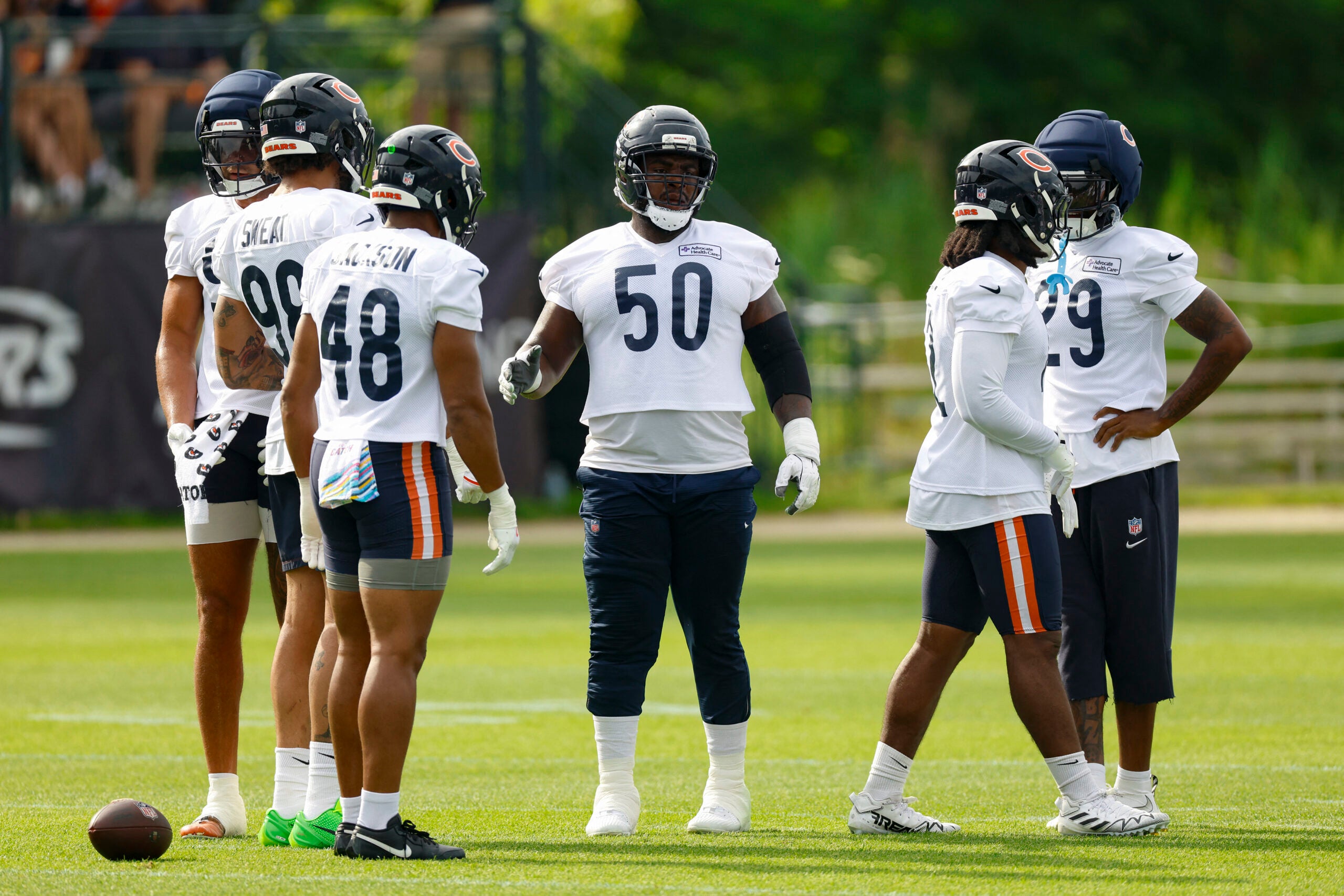 Jul 31, 2026; Lake Forest, IL, USA; Chicago Bears defensive end Grady Jarrett (50) talks to his teammates during Training Camp at Halas Hall.