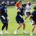 Jul 31, 2026; Lake Forest, IL, USA; Chicago Bears offensive tackle Kiran Amegadjie (72), offensive tackle Theo Benedet (79) and offensive lineman Logan Jones (54) warm up during Training Camp at Halas Hall.
