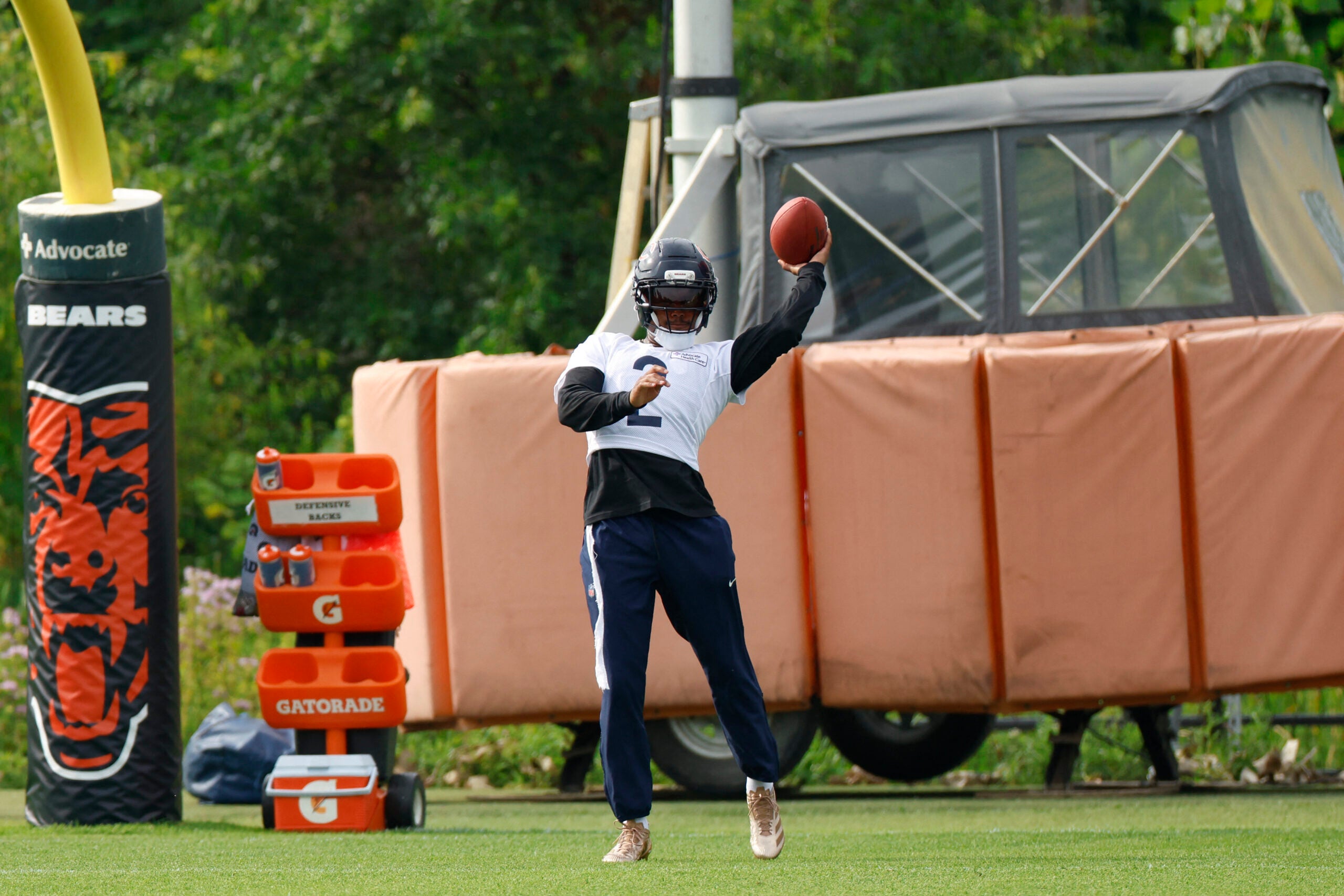 Jul 31, 2026; Lake Forest, IL, USA; Chicago Bears defensive back Coby Bryant (2) passes the ball during Training Camp at Halas Hall.