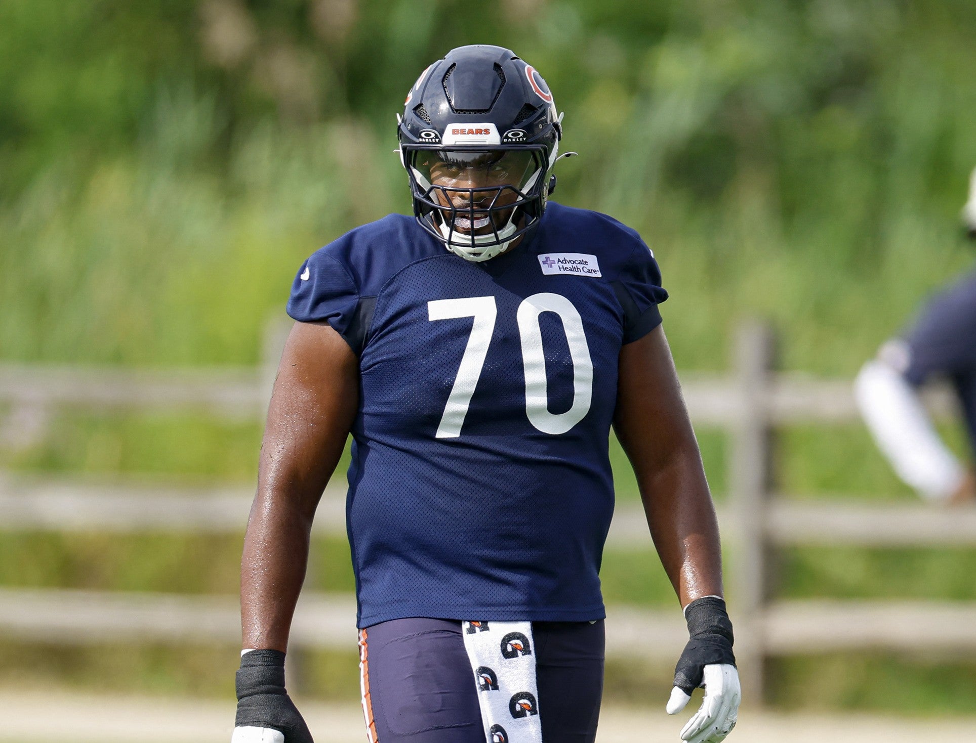 Jul 31, 2026; Lake Forest, IL, USA; Chicago Bears offensive tackle Braxton Jones (70) walks on the field during Training Camp at Halas Hall.