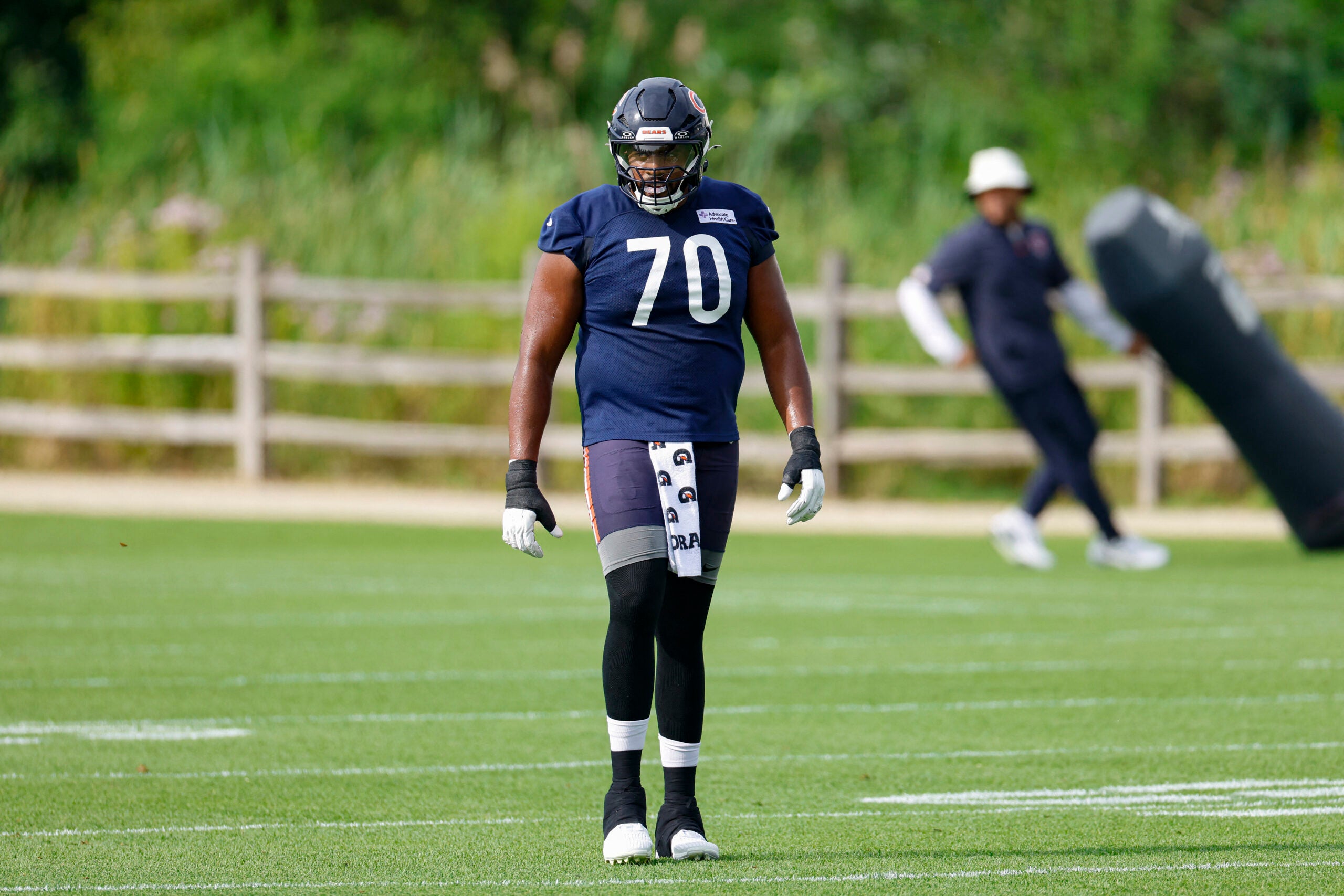 Jul 31, 2026; Lake Forest, IL, USA; Chicago Bears offensive tackle Braxton Jones (70) walks on the field during Training Camp at Halas Hall.