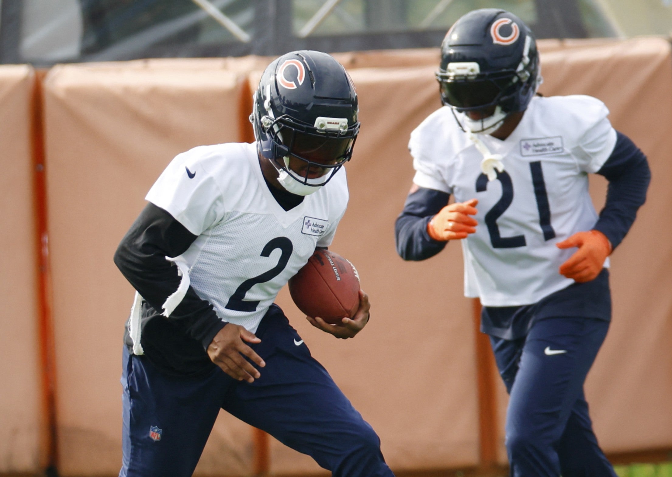 Jul 31, 2026; Lake Forest, IL, USA; Chicago Bears defensive back Coby Bryant (2) runs with the ball during Training Camp at Halas Hall.