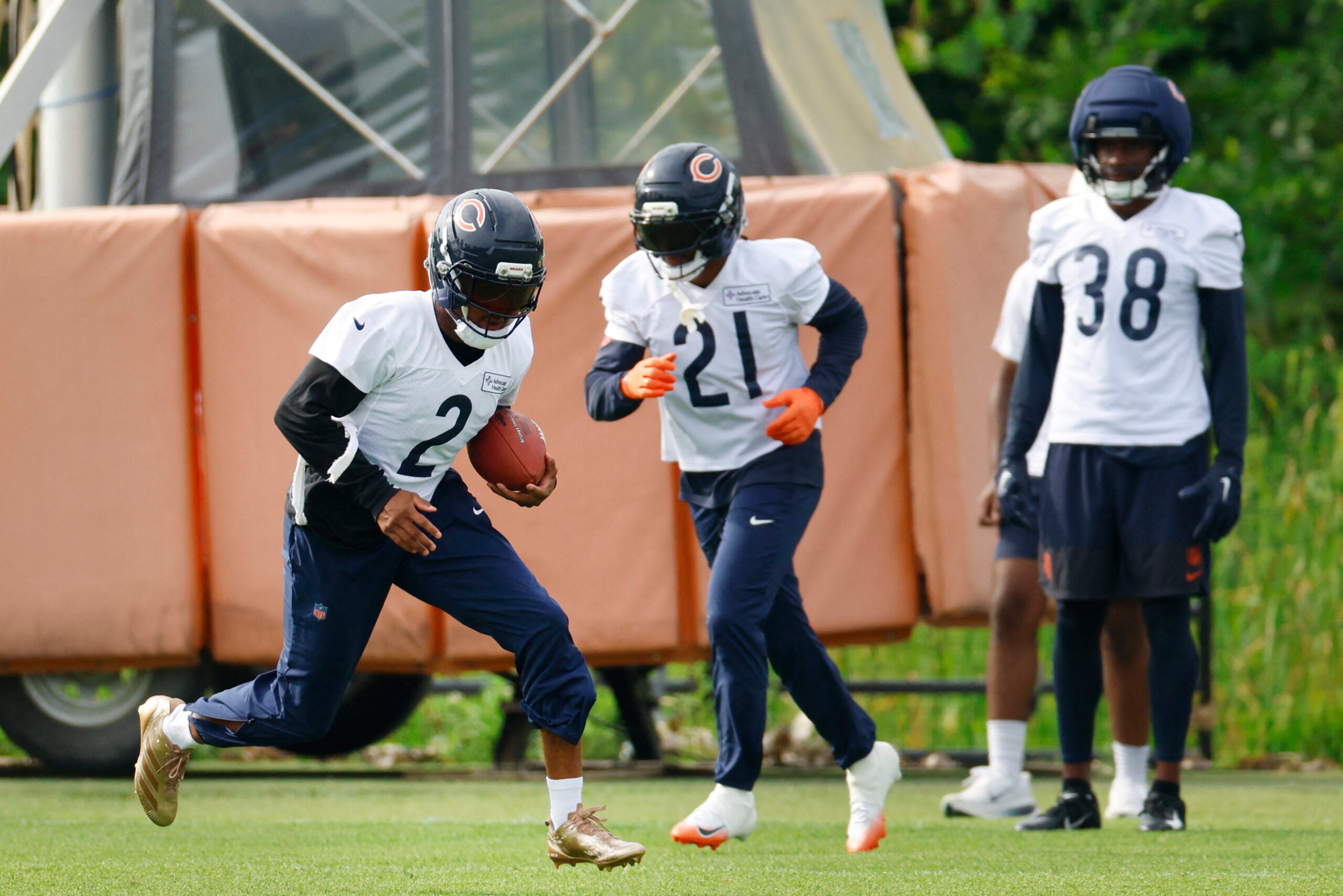 Jul 31, 2026; Lake Forest, IL, USA; Chicago Bears defensive back Coby Bryant (2) runs with the ball during Training Camp at Halas Hall.