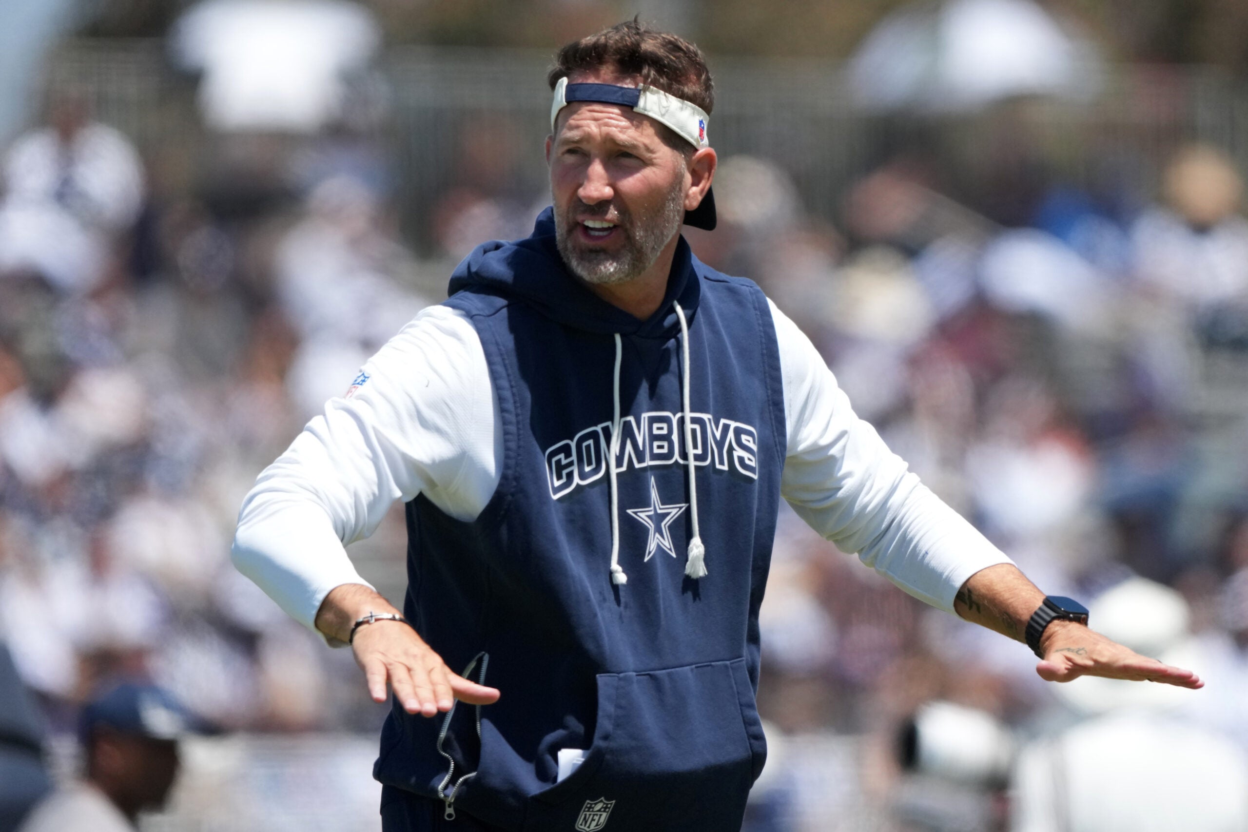 Aug 1, 2026; Oxnard, CA, USA; Dallas Cowboys coach Brian Schottenheimer at training camp at River Ridge Playing Fields.