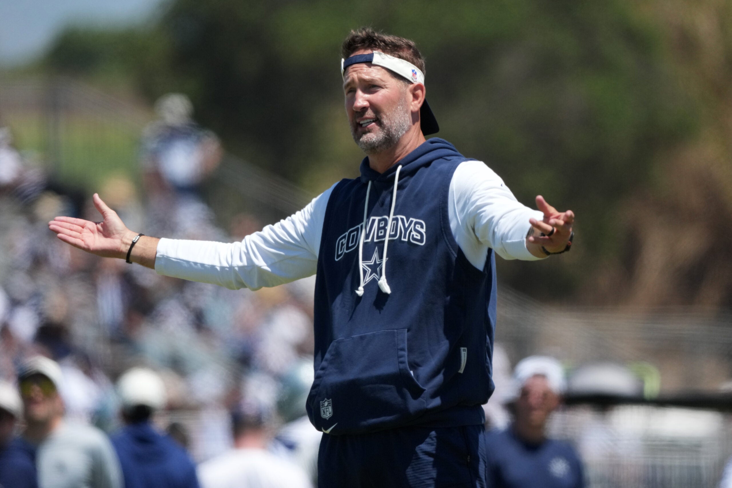 Aug 1, 2026; Oxnard, CA, USA; Dallas Cowboys coach Brian Schottenheimer at training camp at River Ridge Playing Fields.