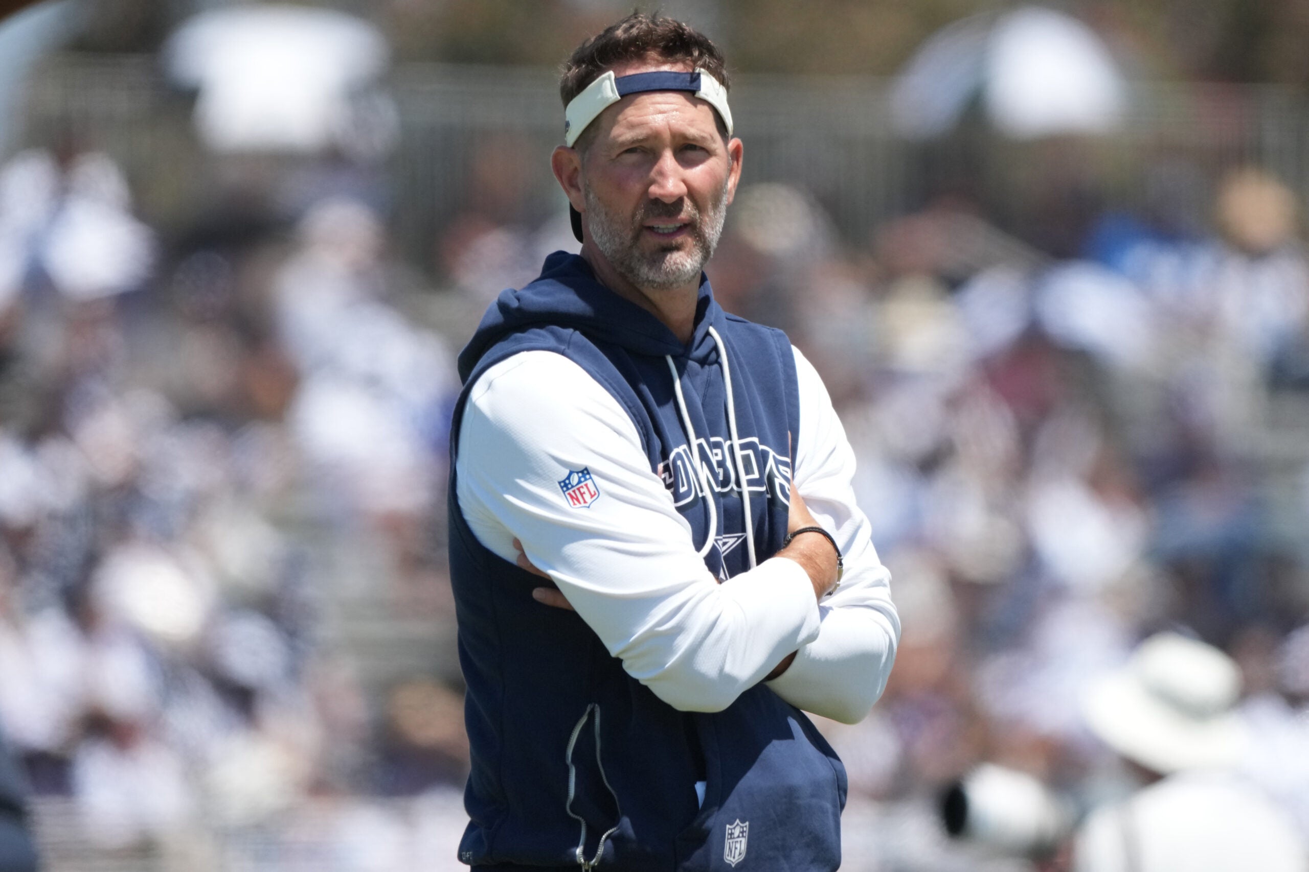 Aug 1, 2026; Oxnard, CA, USA; Dallas Cowboys coach Brian Schottenheimer at training camp at River Ridge Playing Fields.