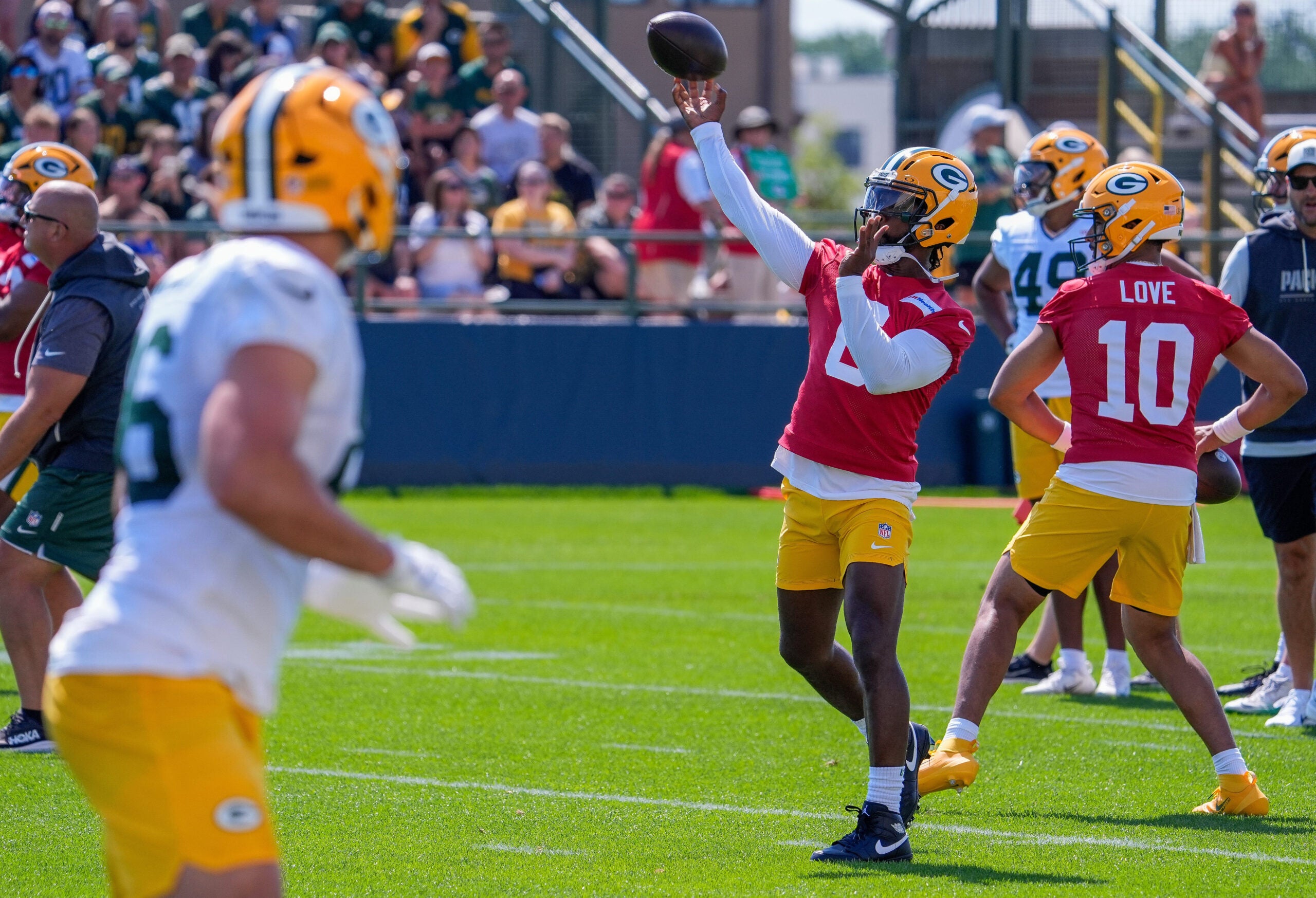 Green Bay Packers quarterback Tyrod Taylor (6) passes the ball during practice on Sunday, Aug. 2, 2026, at Ray Nitschke Field in Ashwaubenon, Wisconsin.