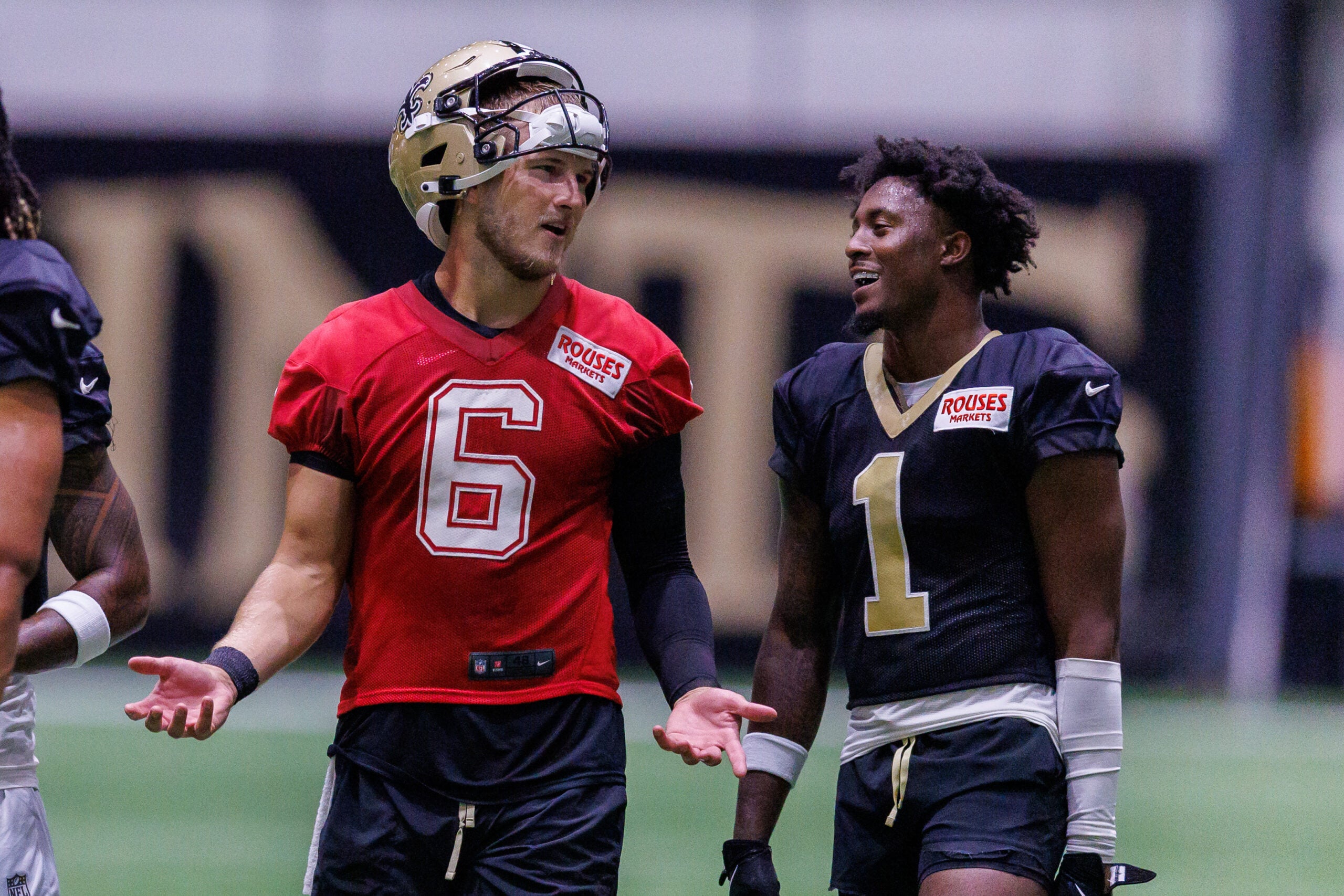 Aug 02, 2026; Metairie, LA, USA; New Orleans Saints quarterback Tyler Shough (6) talks with cornerback Kool-Aid McKinstry (1) during training camp at Ochsner Sports Performance Center.