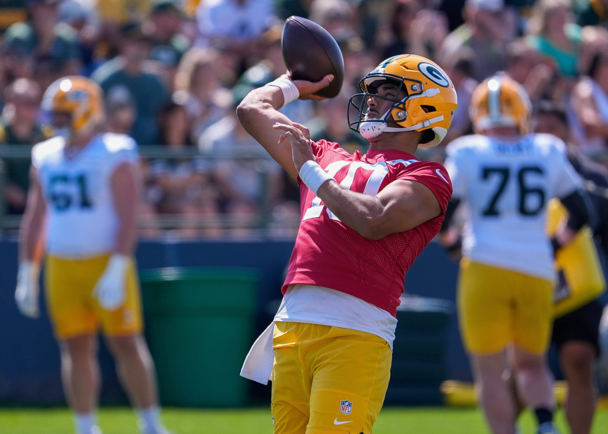 Green Bay Packers quarterback Jordan Love (10) passes the ball during practice on Sunday, Aug. 2, 2026, at Ray Nitschke Field in Ashwaubenon, Wisconsin.