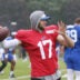 Bills quarterback Josh Allen throws on the sideline during day four of Buffalo Bills training camp at St. John Fisher University Monday, August 3, 2026 in Pittsford.